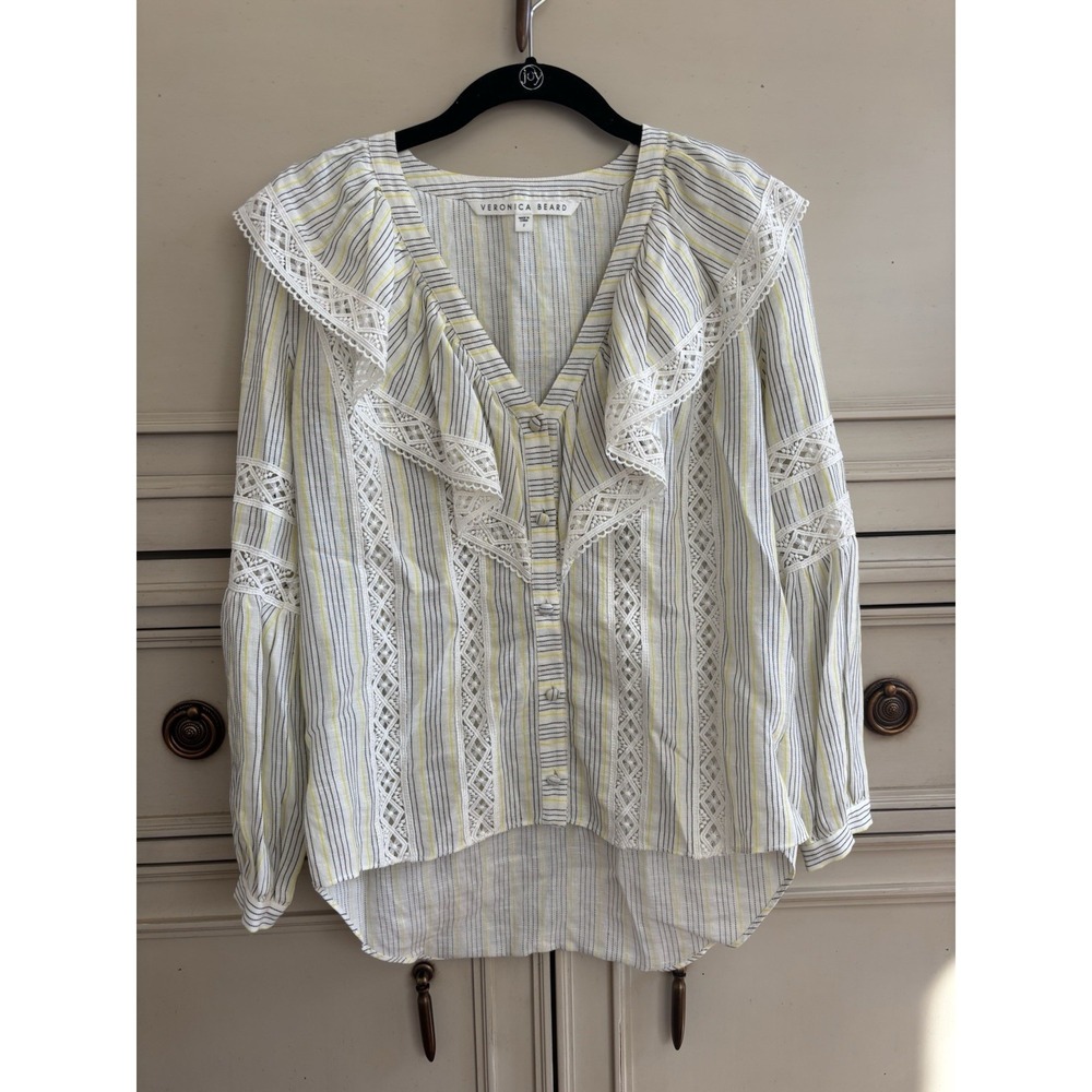 Veronica Beard Striped Lace Ruffle Vneck Button Up‎ Blouse White Black Yellow 2